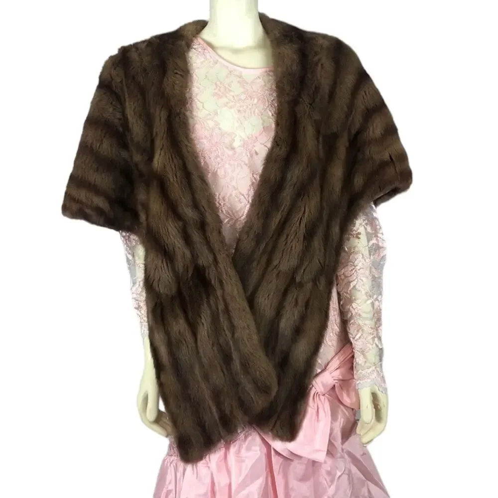 1950s D’Jimas Mink Fur Stole Muff Brown Real Fur Art Deco Evening Wrap